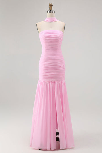 Blush Strapless Ruched Long Bridesmaid Dress with Slit